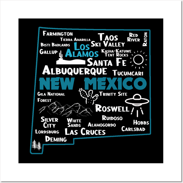 Cute map of Los Alamos New Mexico Albuquerque Santa Fe, Roswell Las Cruces Deming Carlsbad Hobbs Silver City Wall Art by BoogieCreates